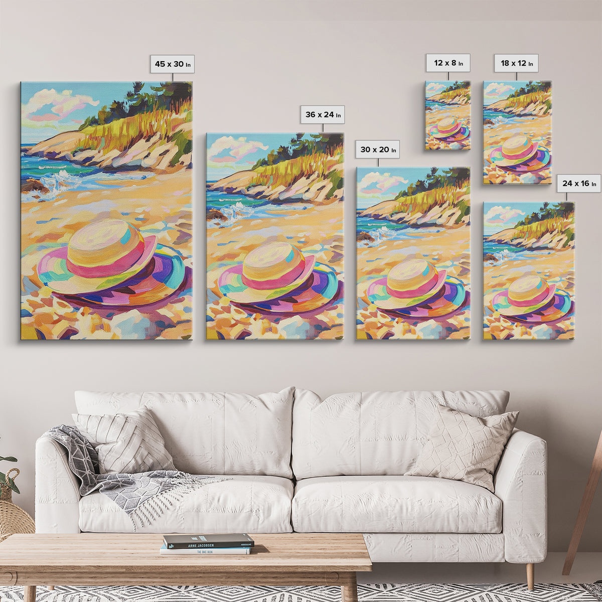 Striped Beach Hat On Shore Canvas Print, Coastal Wall Art, Summer Beach House Decor, Ocean Landscape Art, Gift For Her, Seaside Wall Decor