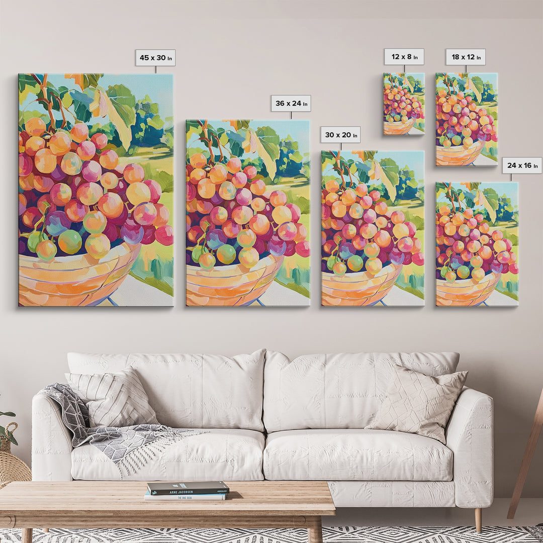 Bowl Of Rosy Grapes Canvas Print, Colorful Kitchen Wall Art, Vineyard Fruit Painting, Dining Room Decor, Housewarming Gift