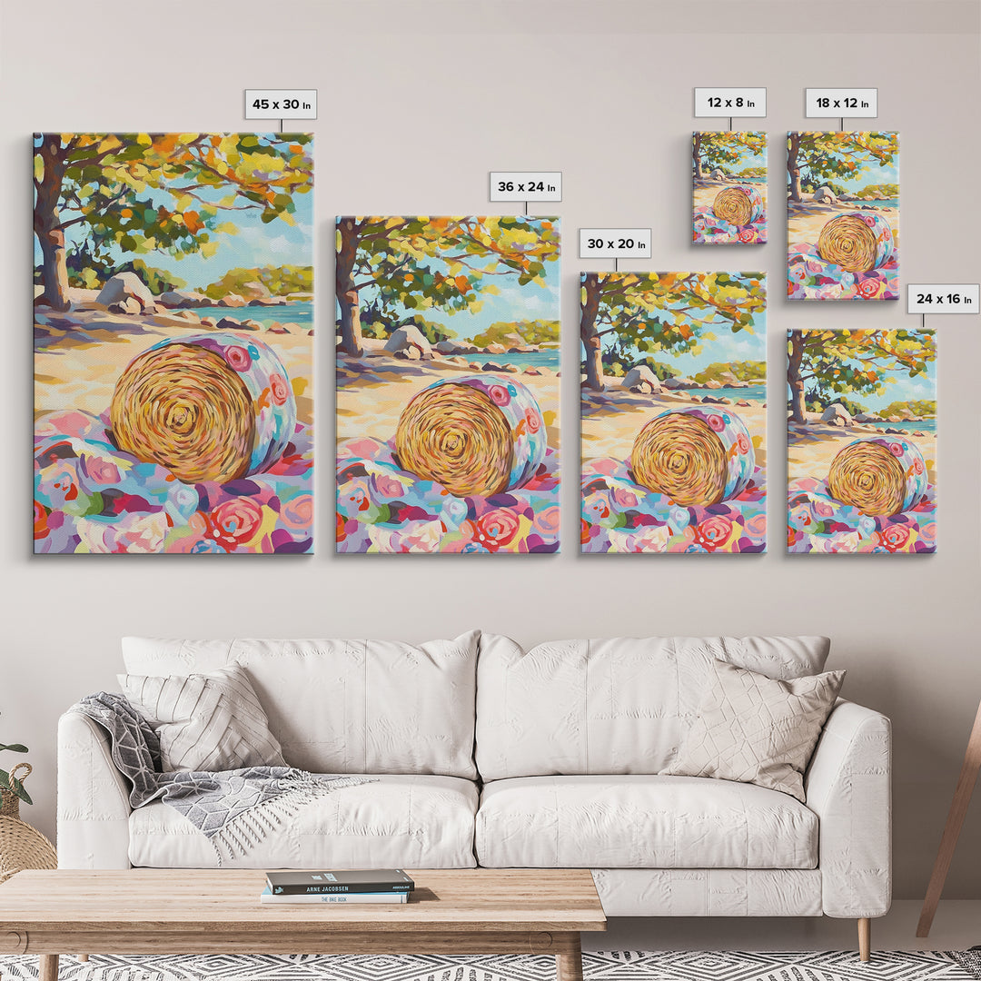 Floral Straw Hat On Sunny Beach Wall Art, Coastal Canvas Print, Tropical Seascape, Beach House Decor, Summer Gift For Her