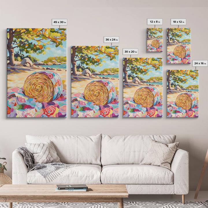 Floral Straw Hat On Sunny Beach Wall Art, Coastal Canvas Print, Tropical Seascape, Beach House Decor, Summer Gift For Her