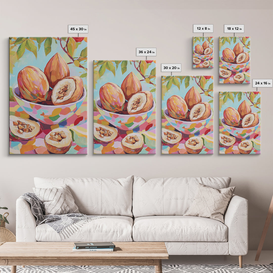 Tropical Cacao Pods In Painted Bowl Wall Art, Colorful Kitchen Canvas Print, Botanical Fruit Still Life, Foodie Home Decor