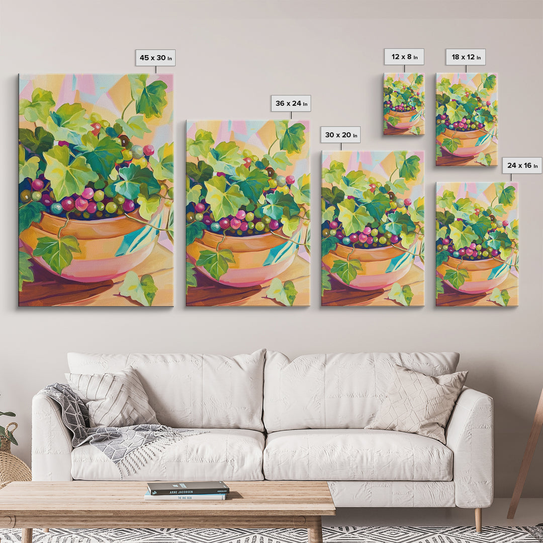 Grapes And Ivy In Ceramic Bowl Canvas Print, Colorful Kitchen Wall Art, Fruit Still Life, Winery Decor, Dining Room Prints