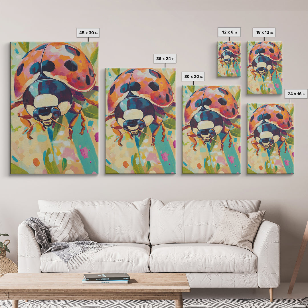 Colorful Ladybug On Green Leaves Canvas Print, Whimsical Animal Wall Art, Nature Inspired Decor, Nursery Art, Garden Lover Gift