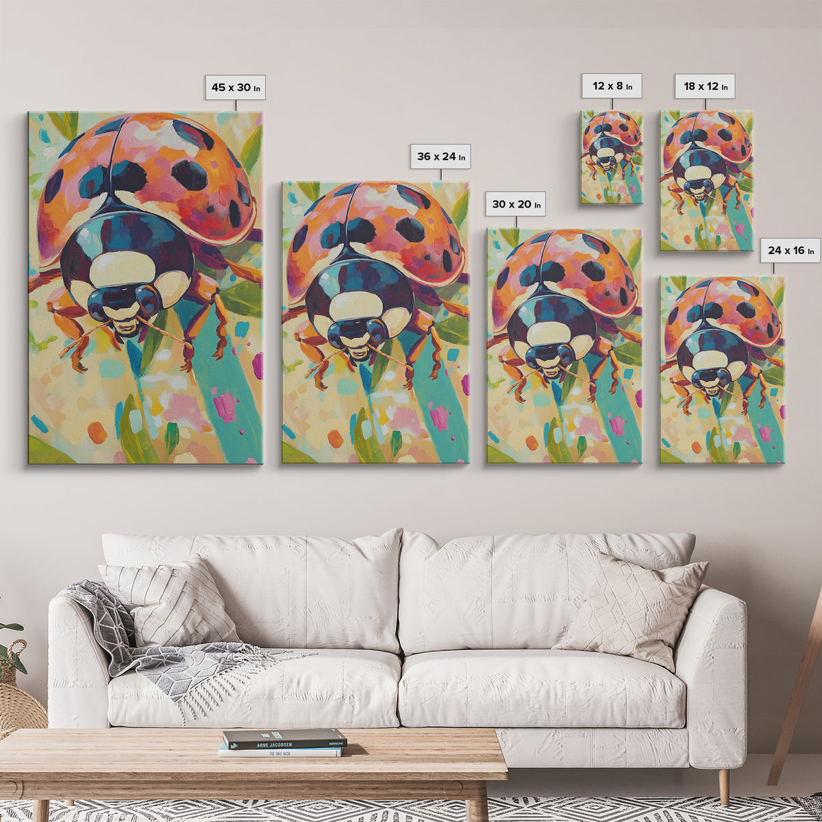 Colorful Ladybug On Green Leaves Canvas Print, Whimsical Animal Wall Art, Nature Inspired Decor, Nursery Art, Garden Lover Gift
