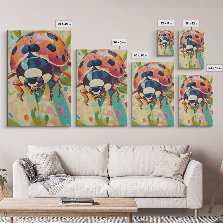 Colorful Ladybug On Green Leaves Canvas Print, Whimsical Animal Wall Art, Nature Inspired Decor, Nursery Art, Garden Lover Gift