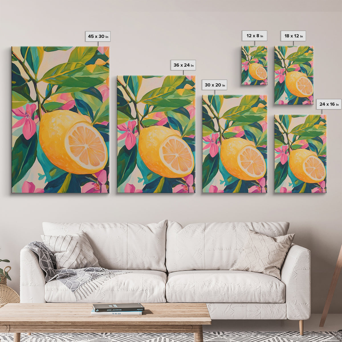 Bright Lemon Branch With Pink Blossoms Wall Art, Botanical Canvas Print For Kitchen Decor, Coastal Home Decor And Gift For Her