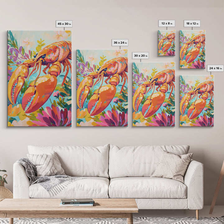 Vibrant Lobster With Garden Florals Canvas Print, Coastal Wall Art, Seafood Wall Decor, Tropical Kitchen Decor, Gift For Her