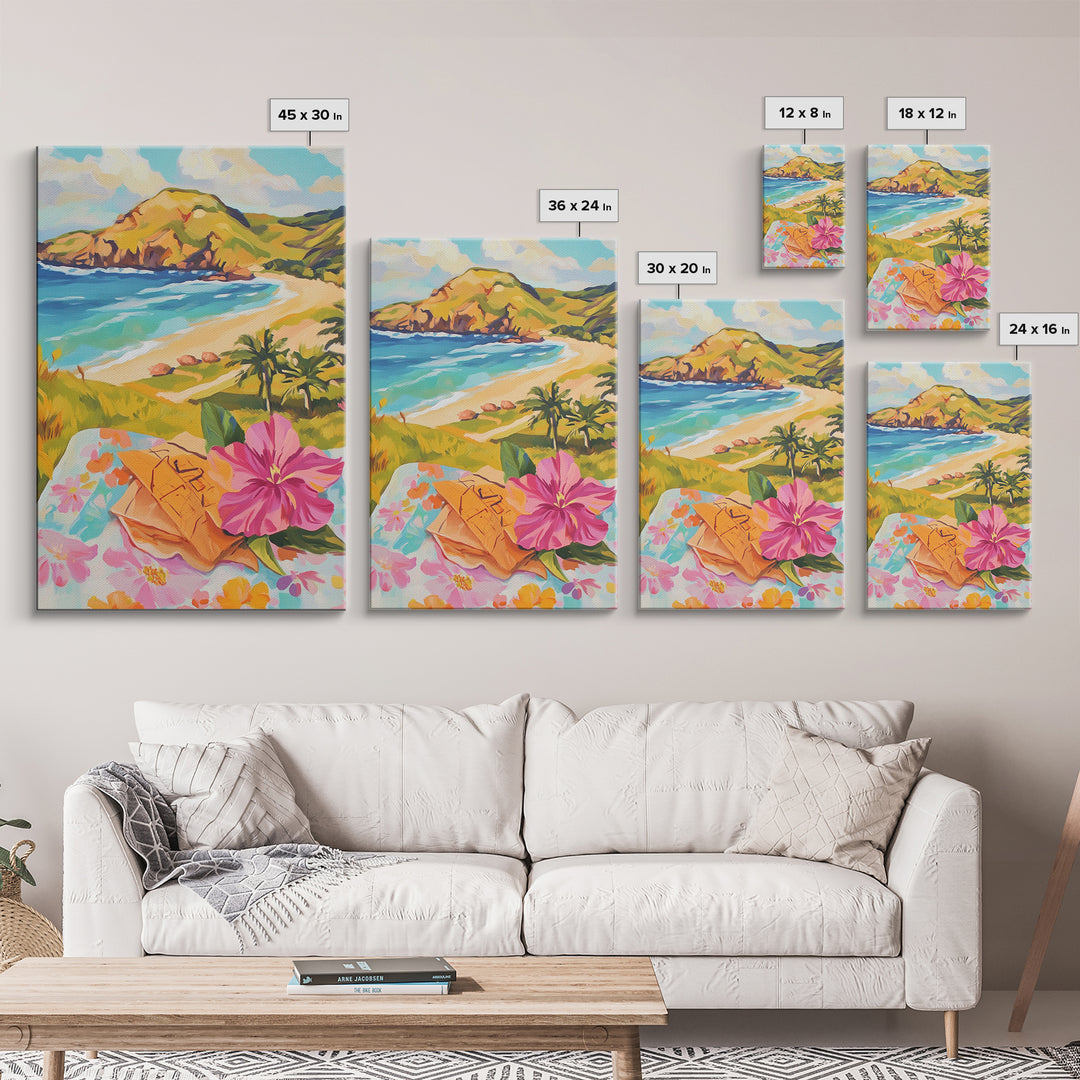 Tropical Beach View With Hibiscus Canvas Print, Coastal Wall Art, Ocean Wall Decor, Summer Landscape, Beach House Decor Gift