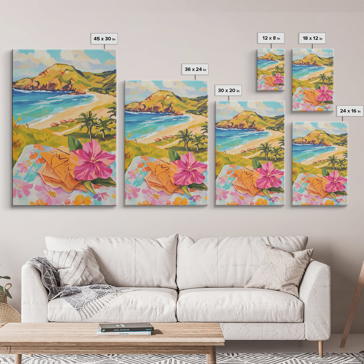 Tropical Beach View With Hibiscus Canvas Print, Coastal Wall Art, Ocean Wall Decor, Summer Landscape, Beach House Decor Gift