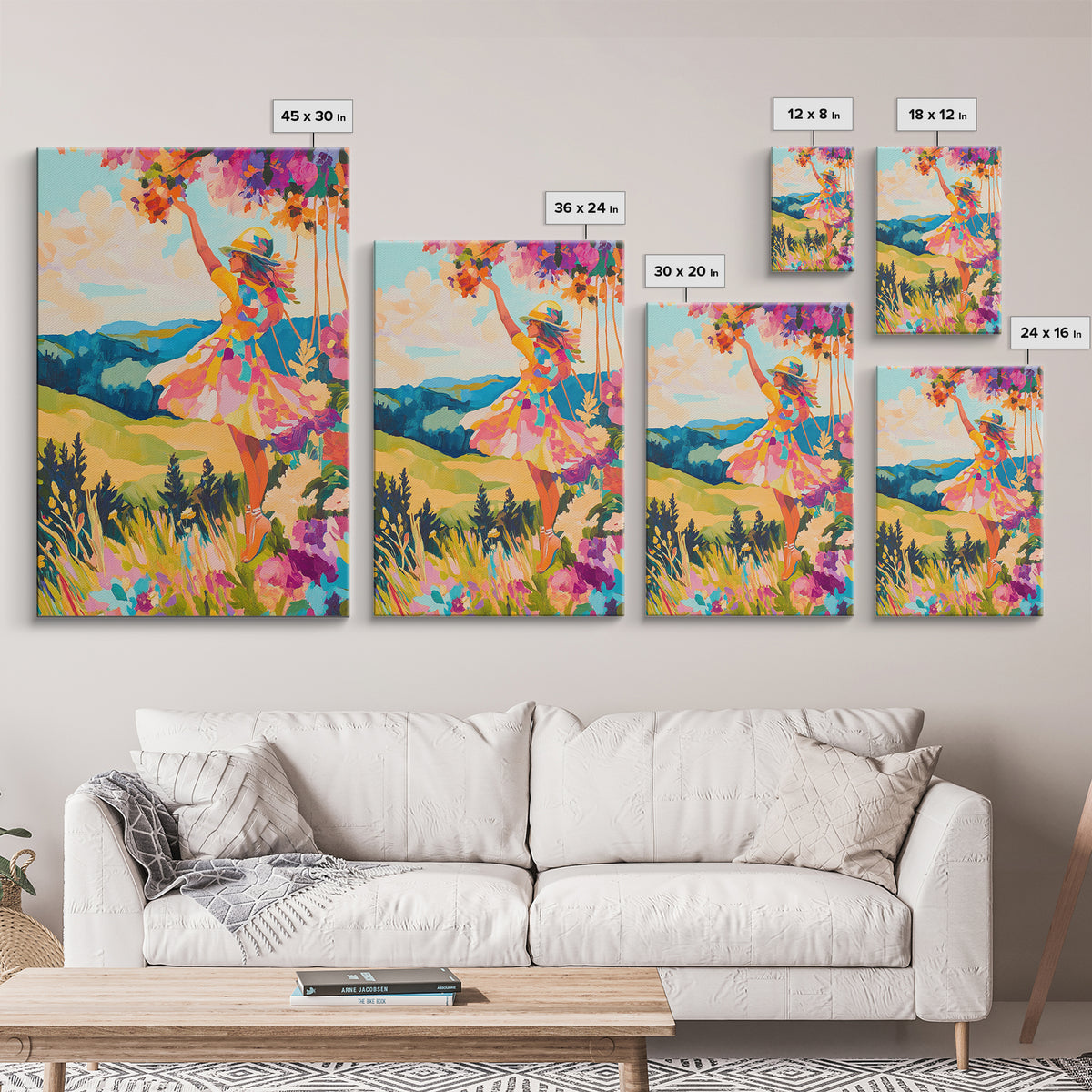 Joyful Woman In Mountain Flower Meadow Framed Canvas Print, Colorful Wall Art, Feminine Art, Landscape Art, Gift For Her
