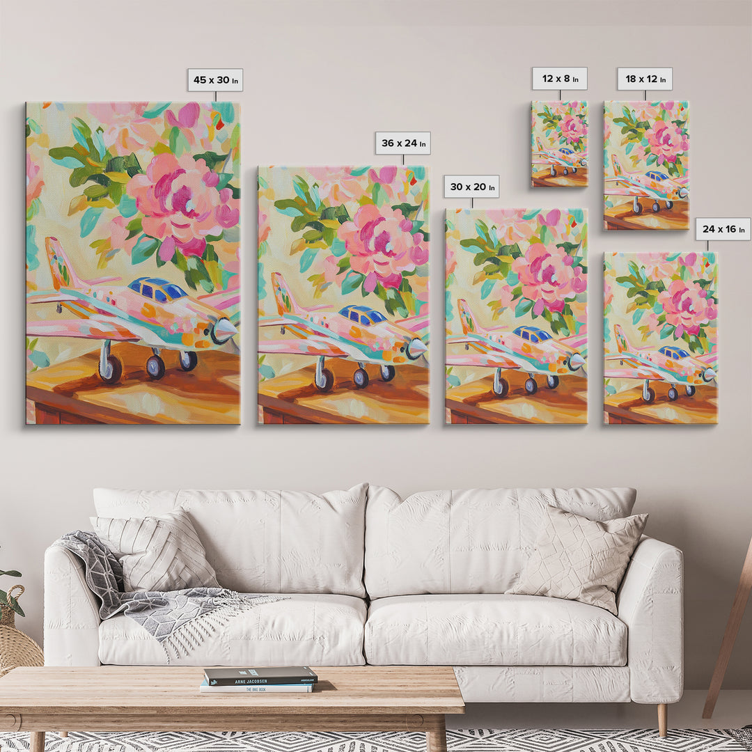 Pink Floral Toy Airplane Canvas Print, Whimsical Aviation Nursery Decor, Kids Room Wall Art, Bright Baby Girl Room Gift Idea