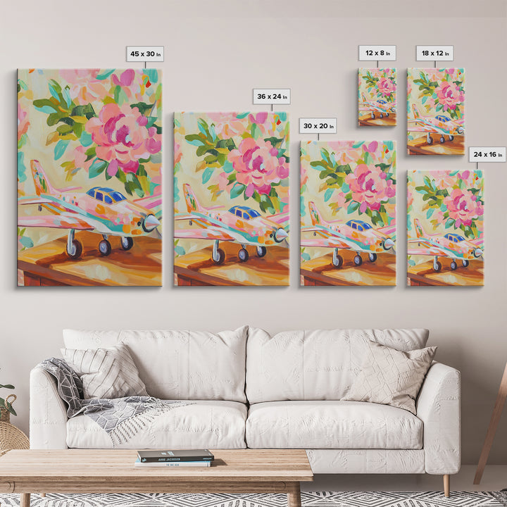 Pink Floral Toy Airplane Canvas Print, Whimsical Aviation Nursery Decor, Kids Room Wall Art, Bright Baby Girl Room Gift Idea