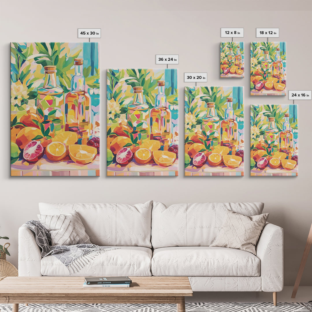 Sunlit Citrus Bottles And Tropical Fruit Canvas Print, Coastal Kitchen Wall Art, Colorful Still Life Dining Room Decor Gift