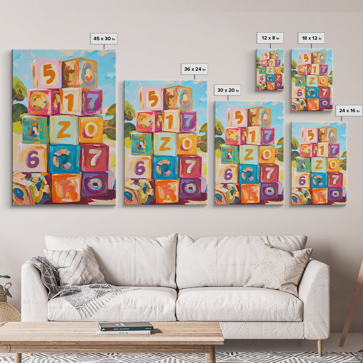 Colorful Number Blocks Nursery Wall Art, Playful Kids Room Canvas Print, Baby Shower Gift, Whimsical Playroom Decor, Baby Nursery Art