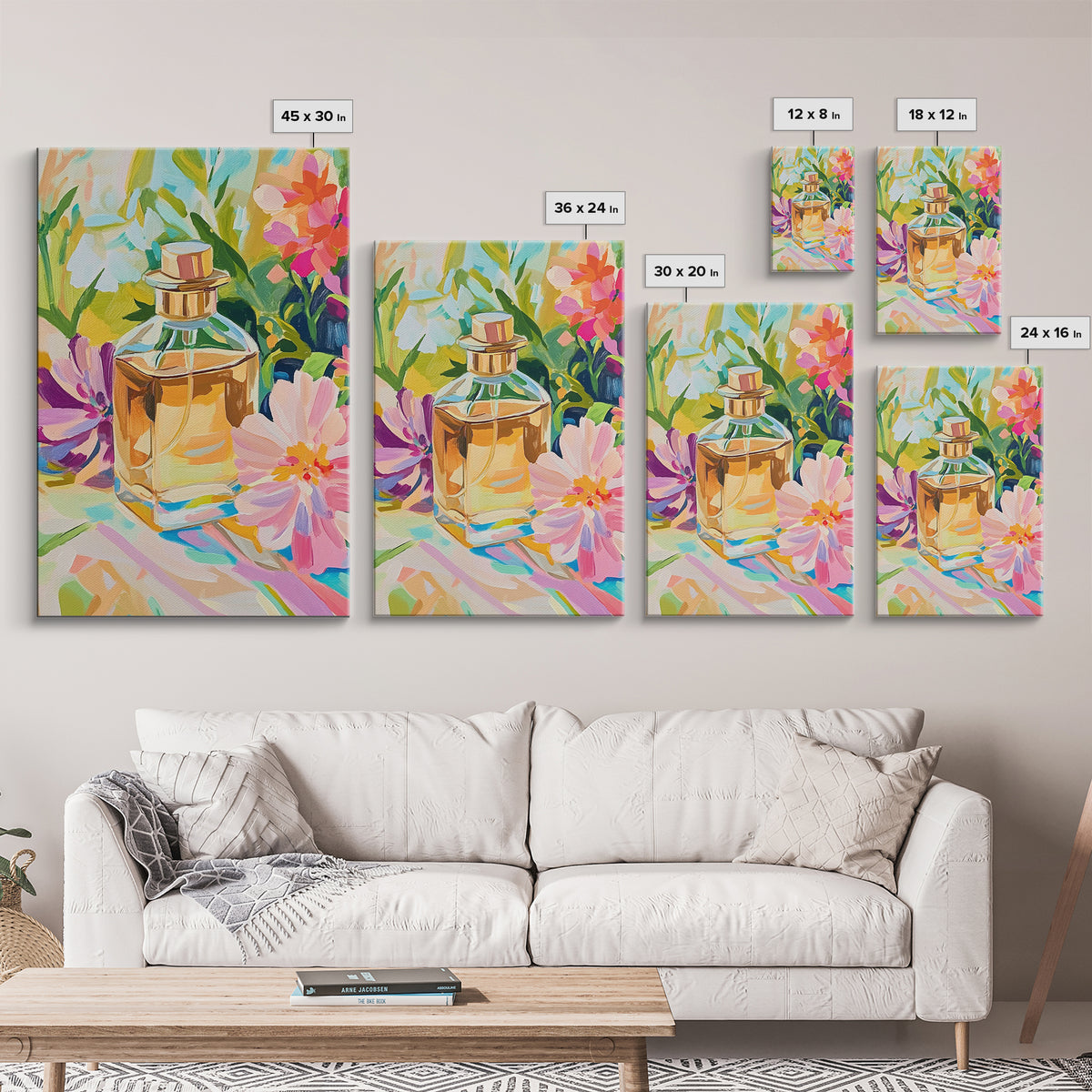 Golden Perfume Bottle With Pink Flowers Framed Canvas Print, Feminine Wall Art, Bathroom Decor, Floral Home Decor, Gift For Her