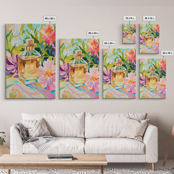 Golden Perfume Bottle With Pink Flowers Framed Canvas Print, Feminine Wall Art, Bathroom Decor, Floral Home Decor, Gift For Her