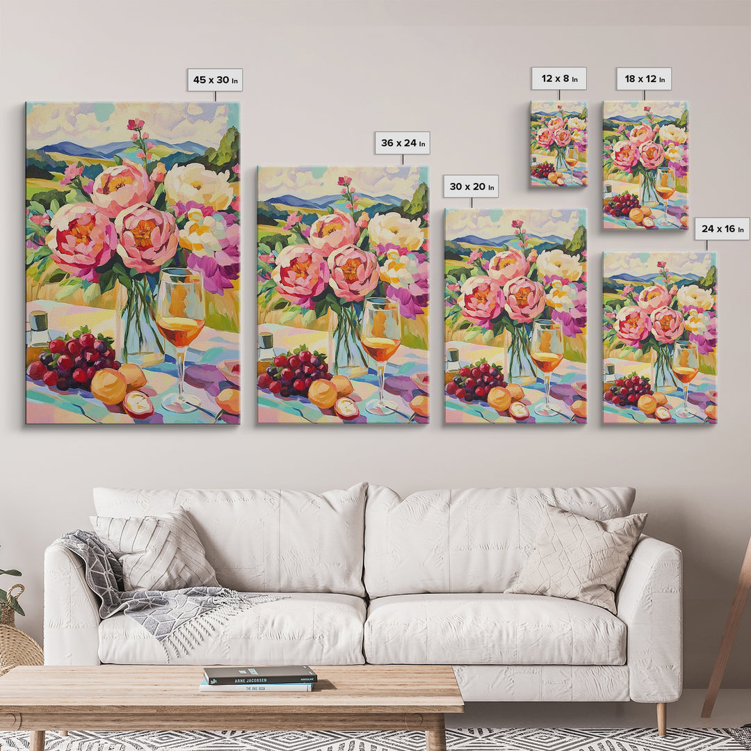 Pink Peony Bouquet With Wine And Grapes Canvas Print, French Country Kitchen Decor, Floral Wall Art, Housewarming Gift For Her