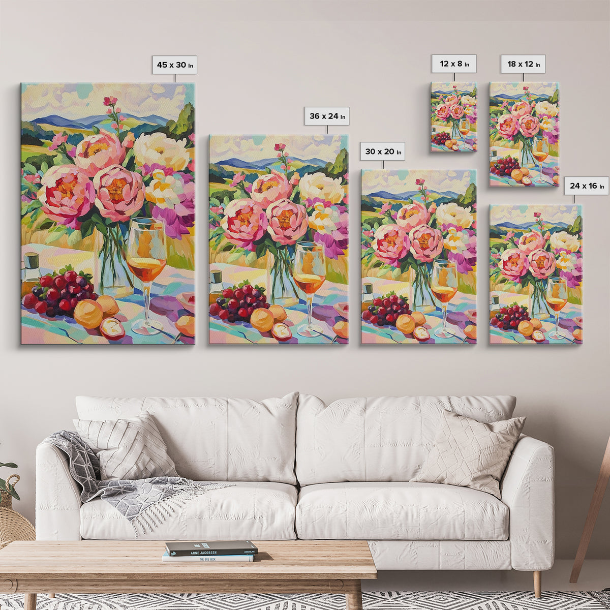 Pink Peony Bouquet With Wine And Grapes Canvas Print, French Country Kitchen Decor, Floral Wall Art, Housewarming Gift For Her