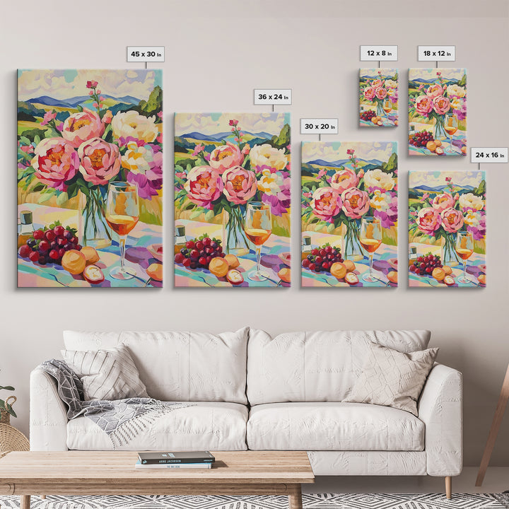 Pink Peony Bouquet With Wine And Grapes Canvas Print, French Country Kitchen Decor, Floral Wall Art, Housewarming Gift For Her