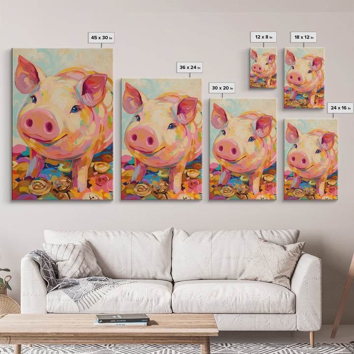 Smiling Pink Pig With Golden Coins Canvas Print, Cute Farm Animal Wall Art, Playful Nursery Decor, Whimsical Gift For Kids