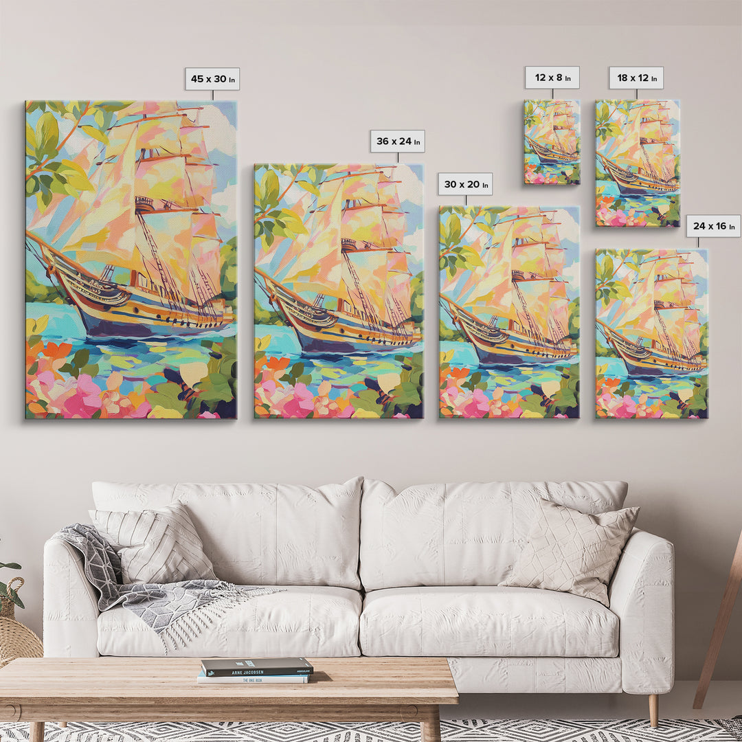 Tall Ship In Blooming Harbor Canvas Print, Nautical Sailboat Painting, Coastal Wall Art, Beach House Decor Gift For Her Home