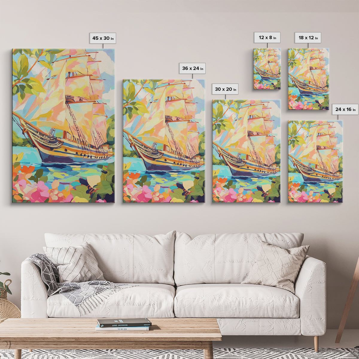 Tall Ship In Blooming Harbor Canvas Print, Nautical Sailboat Painting, Coastal Wall Art, Beach House Decor Gift For Her Home