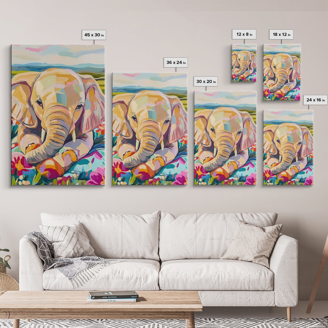 Baby Elephant With Flowers Canvas Print, Whimsical Animal Wall Art, Nursery Decor, Safari Nursery Art, Kids Room Decor, Gift
