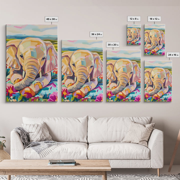 Baby Elephant With Flowers Canvas Print, Whimsical Animal Wall Art, Nursery Decor, Safari Nursery Art, Kids Room Decor, Gift