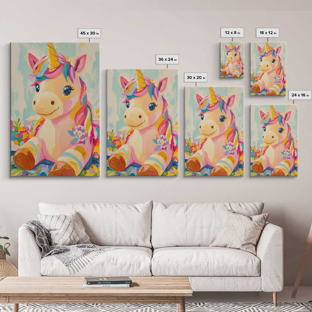 Cute Unicorn With Rainbow Mane Canvas Print, Whimsical Nursery Wall Art, Kids Room Decor, Baby Girl Nursery, Gift For Her