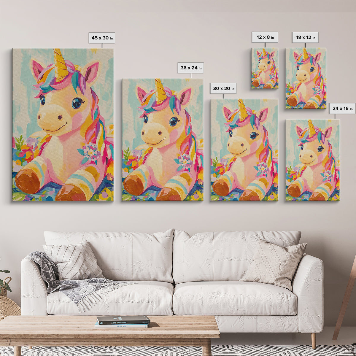 Cute Unicorn With Rainbow Mane Canvas Print, Whimsical Nursery Wall Art, Kids Room Decor, Baby Girl Nursery, Gift For Her
