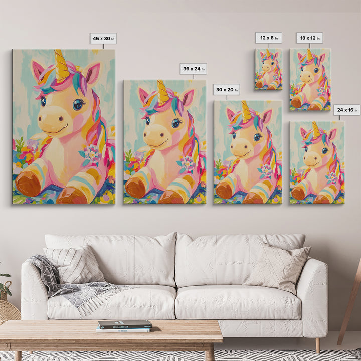 Cute Unicorn With Rainbow Mane Canvas Print, Whimsical Nursery Wall Art, Kids Room Decor, Baby Girl Nursery, Gift For Her