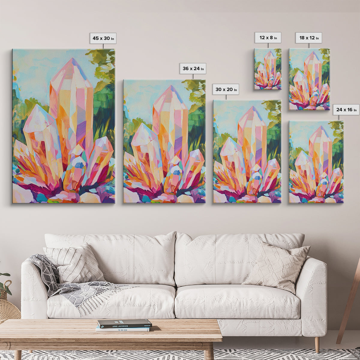 Pastel Crystal Cluster Framed Canvas Print, Celestial Wall Art, Mystical Home Decor, Spiritual Gift, Colorful Art Prints