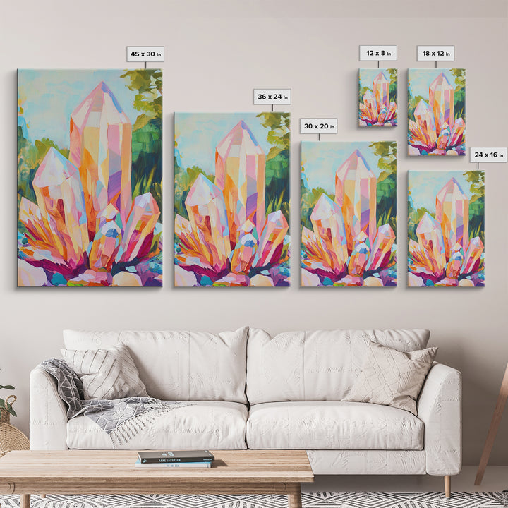 Pastel Crystal Cluster Framed Canvas Print, Celestial Wall Art, Mystical Home Decor, Spiritual Gift, Colorful Art Prints