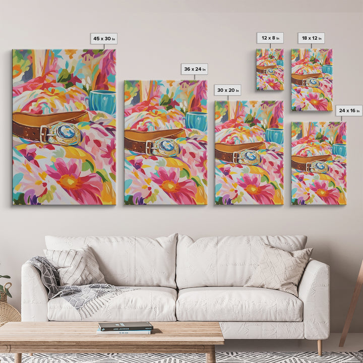 Gold Watch On Floral Bedding Canvas Print, Fashion Wall Art, Girly Bedroom Decor, Coquette Room Decor, Stylish Gift For Her
