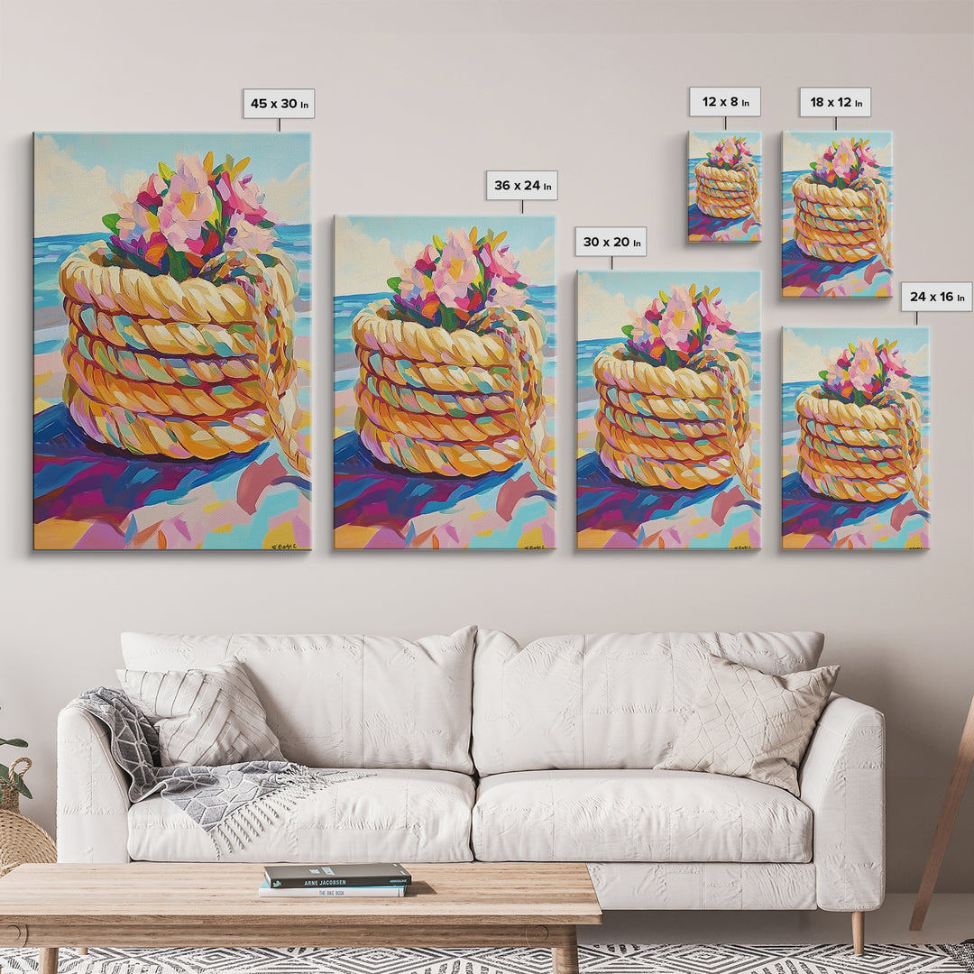 Rope Basket With Pink Beach Flowers Canvas Print, Coastal Wall Art, Beach House Decor, Tropical Ocean Living Room Decor Print