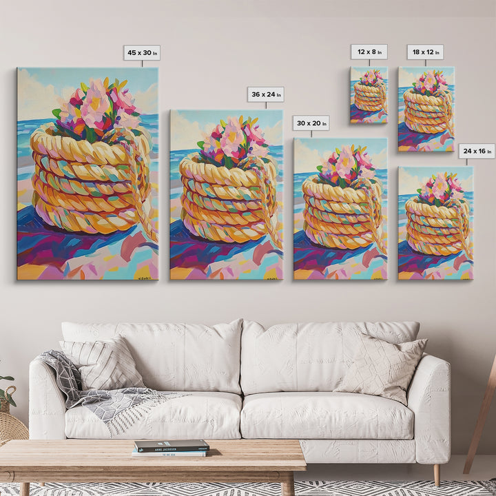 Rope Basket With Pink Beach Flowers Canvas Print, Coastal Wall Art, Beach House Decor, Tropical Ocean Living Room Decor Print