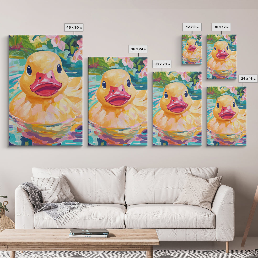 Smiling Yellow Duck In Garden Pond Wall Art, Whimsical Animal Art, Cute Bathroom Decor, Nursery Wall Art Print, Gift For Her