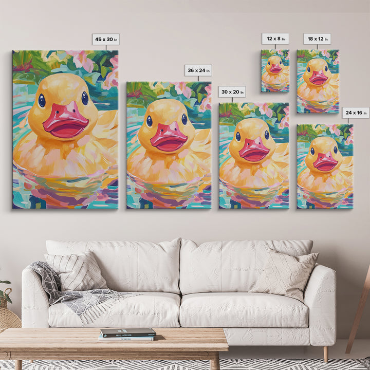 Smiling Yellow Duck In Garden Pond Wall Art, Whimsical Animal Art, Cute Bathroom Decor, Nursery Wall Art Print, Gift For Her