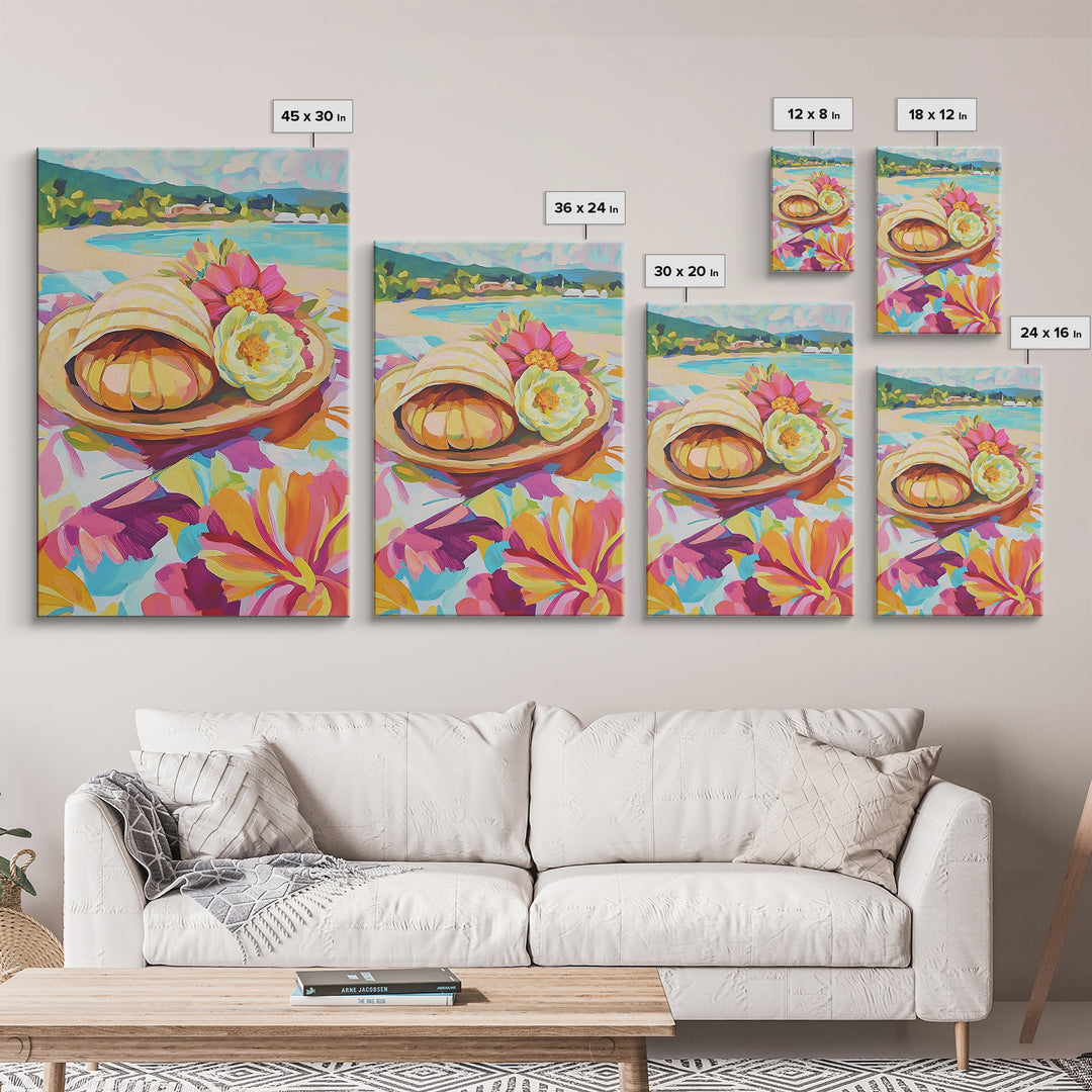 Scallop Shell And Pink Flowers By Turquoise Bay Canvas Print, Coastal Wall Art, Beach House Decor, Summer Kitchen Art, Gift For Her