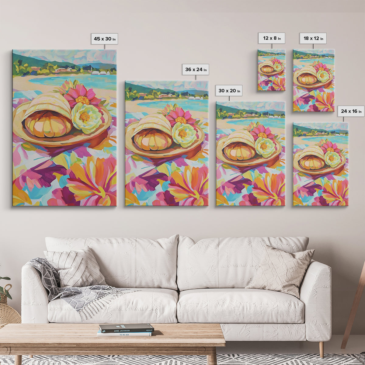 Scallop Shell And Pink Flowers By Turquoise Bay Canvas Print, Coastal Wall Art, Beach House Decor, Summer Kitchen Art, Gift For Her