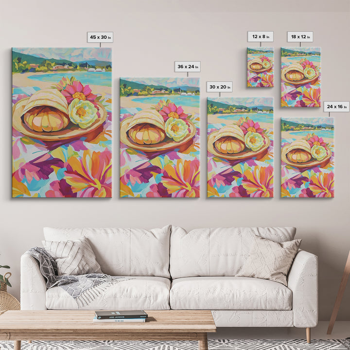 Scallop Shell And Pink Flowers By Turquoise Bay Canvas Print, Coastal Wall Art, Beach House Decor, Summer Kitchen Art, Gift For Her