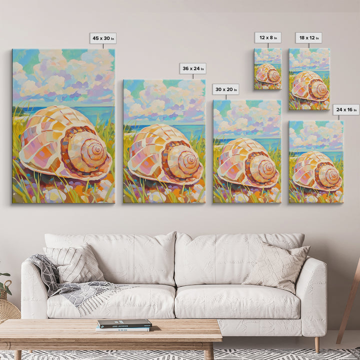 Pastel Conch Shell In Dune Grass Canvas Print, Coastal Wall Art, Beach House Decor, Ocean Wall Art, Summer Home Decor, Gift For Her