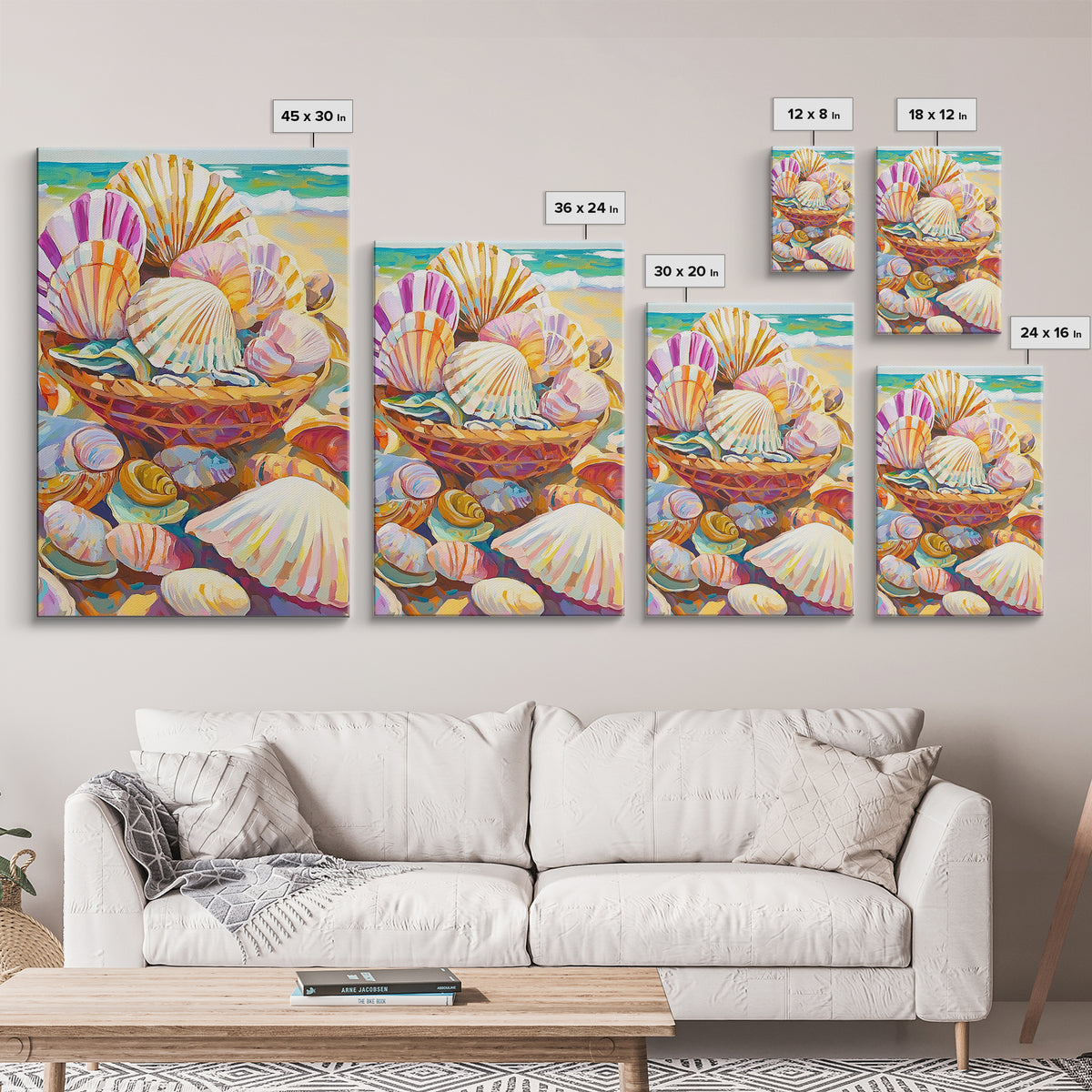 Basket Of Pastel Seashells On Beach Wall Art, Coastal Wall Decor, Beach House Decor, Ocean Art Print, Nautical Home Decor
