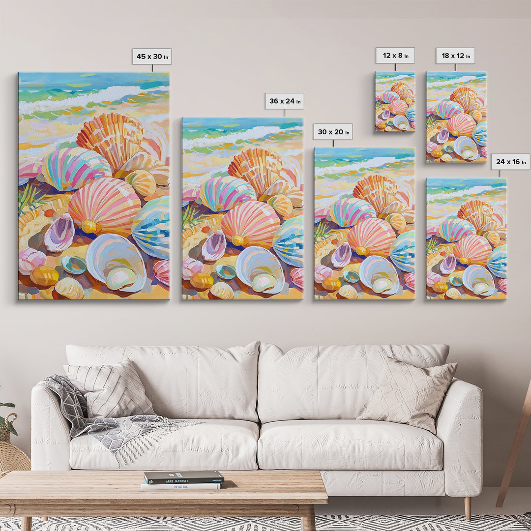 Pastel Seashells Scattered On Sunny Beach Framed Canvas Print, Coastal Wall Art, Ocean Wall Decor, Beach House Gift For Her