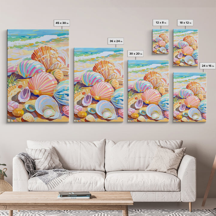 Pastel Seashells Scattered On Sunny Beach Framed Canvas Print, Coastal Wall Art, Ocean Wall Decor, Beach House Gift For Her