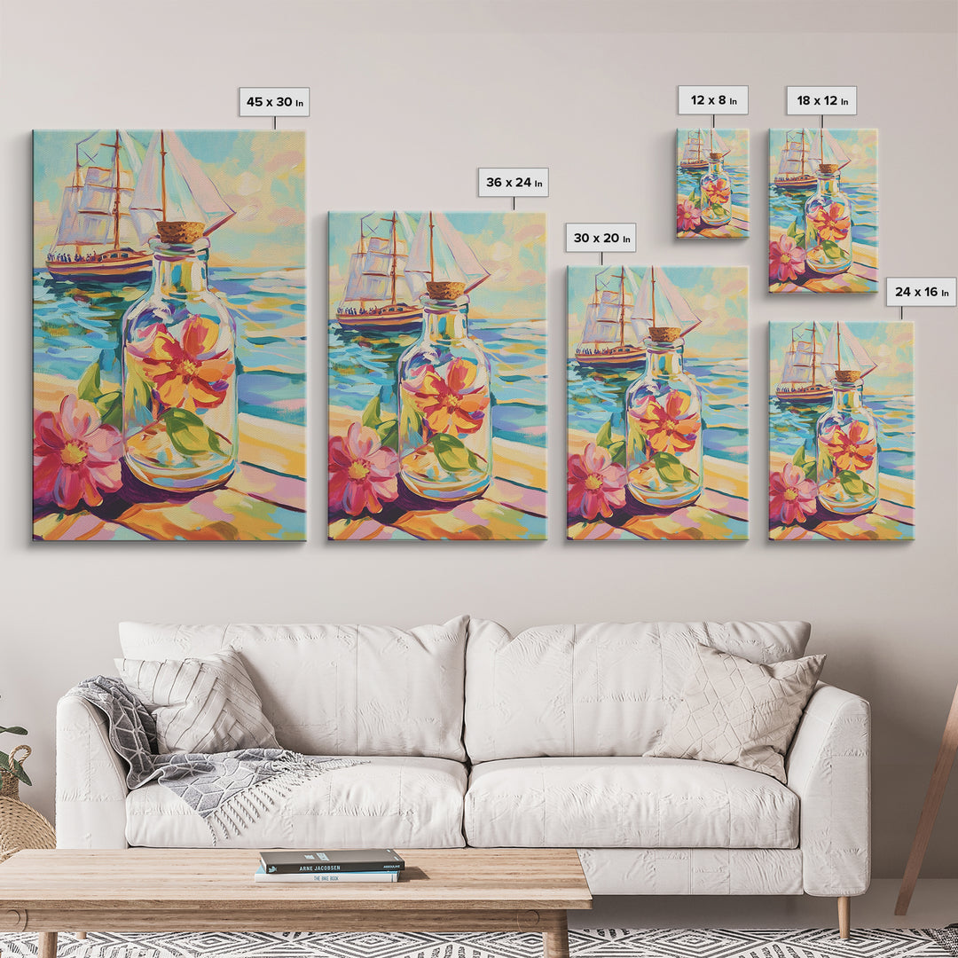 Sailboat And Flower In Glass Bottle Canvas Print, Nautical Wall Art, Coastal Wall Decor, Ocean Art, Beach House Decor, Gift For Her