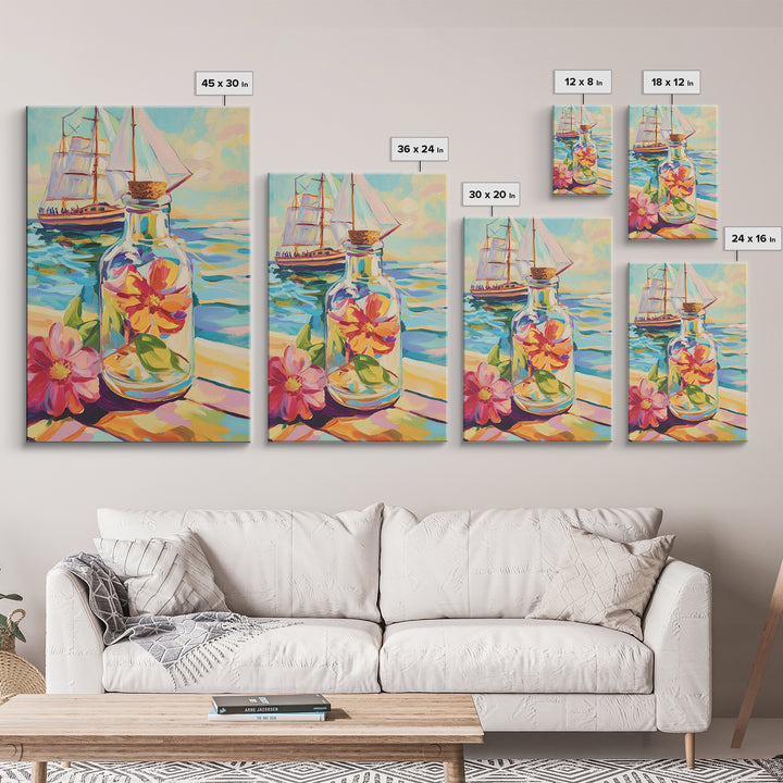 Sailboat And Flower In Glass Bottle Canvas Print, Nautical Wall Art, Coastal Wall Decor, Ocean Art, Beach House Decor, Gift For Her