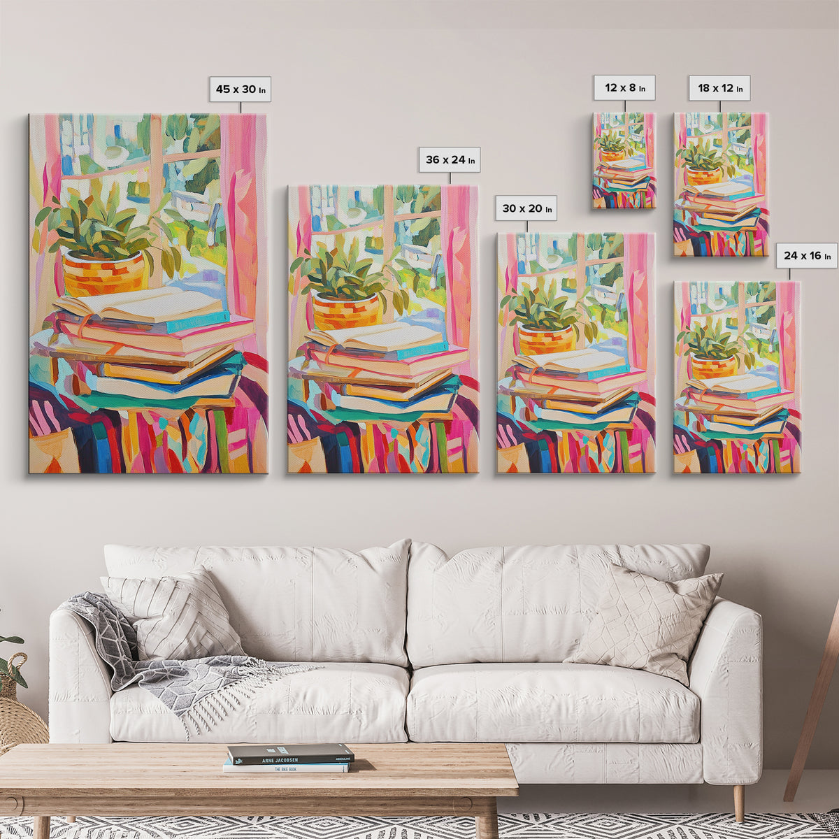 Stacked Books And Window Plant Wall Art, Cozy Reading Nook Decor, Book Lover Gift, Library Wall Art, Home Office Decor Print