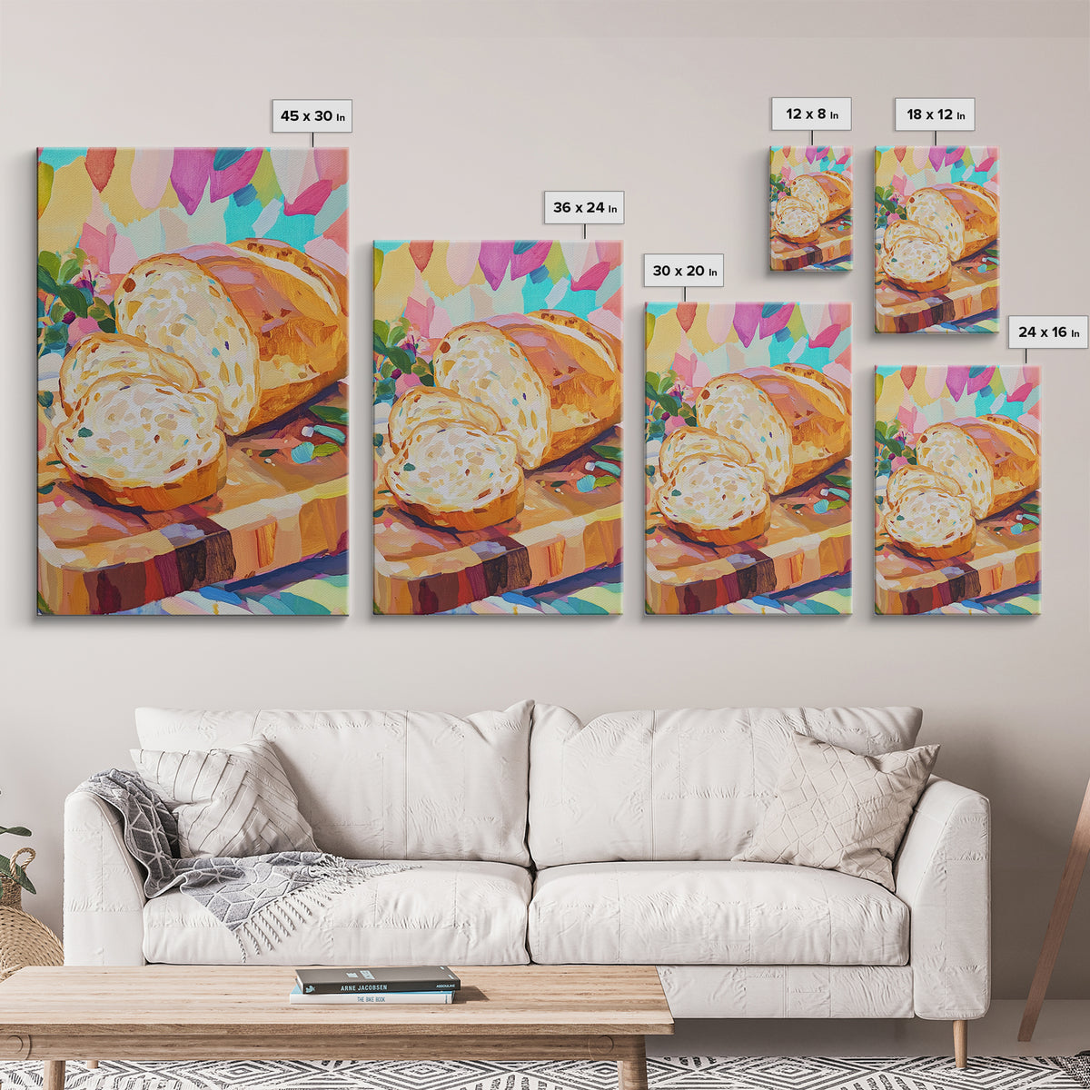 Sliced Artisan Bread On Wooden Board Canvas Print, Kitchen Wall Art, Food Illustration, Rustic Kitchen Decor, Gift For Baker