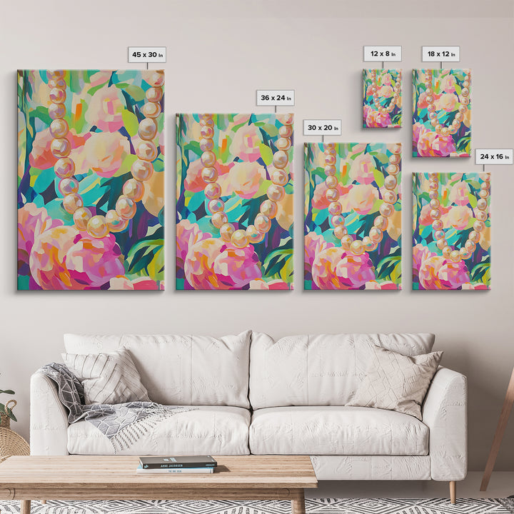 Pearl Necklace On Lush Floral Background Framed Canvas Print, Feminine Wall Art, Coquette Room Decor, Gift For Her, Romantic Bedroom Art